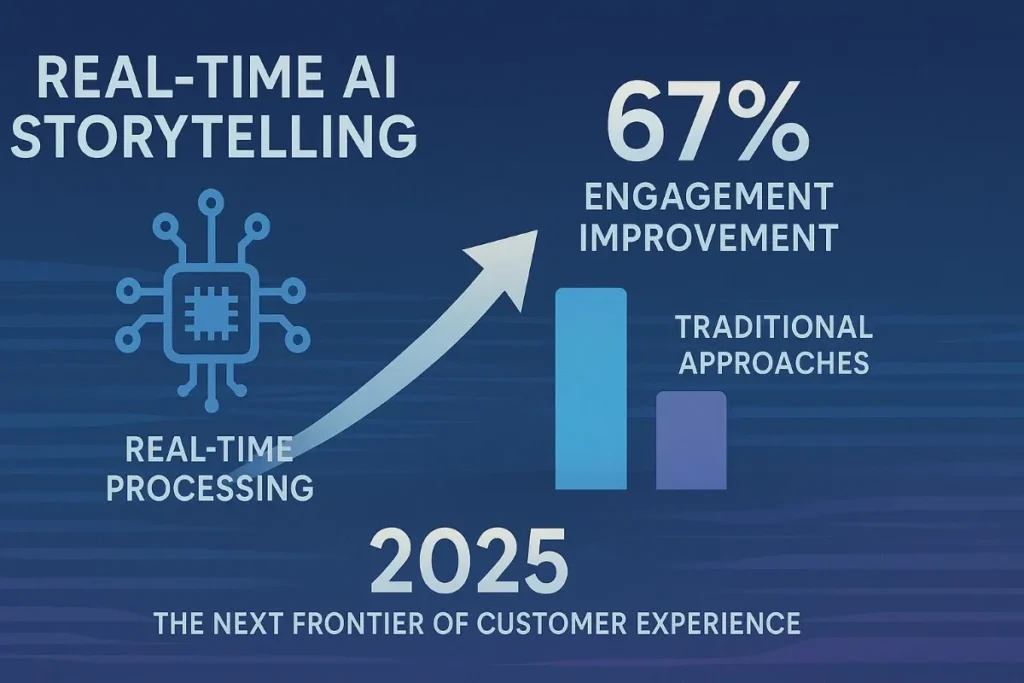  Blue-toned infographic titled “Real-Time AI Storytelling” featuring a microchip icon labeled "Real-Time Processing." An upward arrow points to a 67% engagement improvement statistic compared to traditional approaches, with a bar graph visualizing the difference. The year “2025” is displayed with the tagline “The Next Frontier of Customer Experience.”

