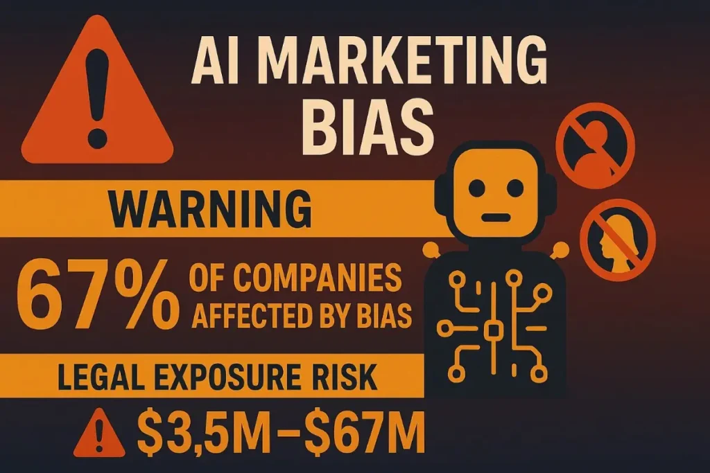  A warning-style infographic with a red and orange theme, highlighting that 67% of companies are affected by AI marketing bias. Includes a robot icon, discrimination symbols, and states a legal exposure risk ranging from $3.5M to $67M.
