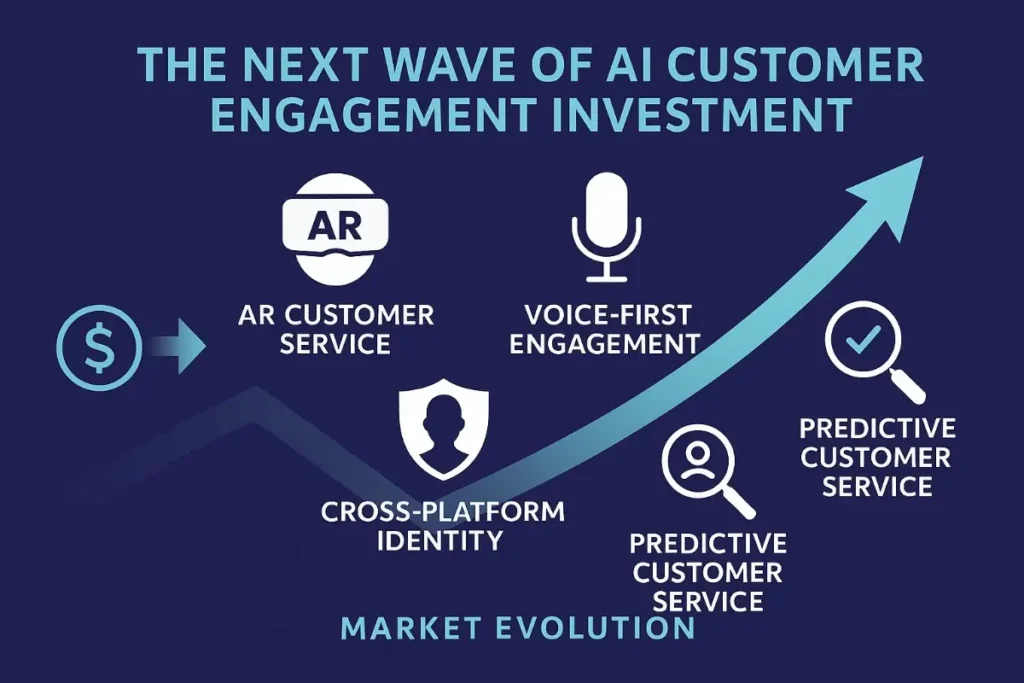 Infographic titled "The Next Wave of AI Customer Engagement Investment" showing future trends: AR Customer Service, Voice-First Engagement, Cross-Platform Identity, and Predictive Customer Service. A rising arrow indicates market evolution.
