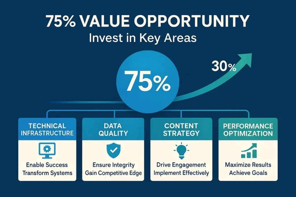  Strategic framework infographic highlighting a 75% value opportunity with an upward green arrow and 30% projected growth. Four investment areas are shown: Technical Infrastructure, Data Quality, Content Strategy, and Performance Optimization, each with concise benefits and icons.