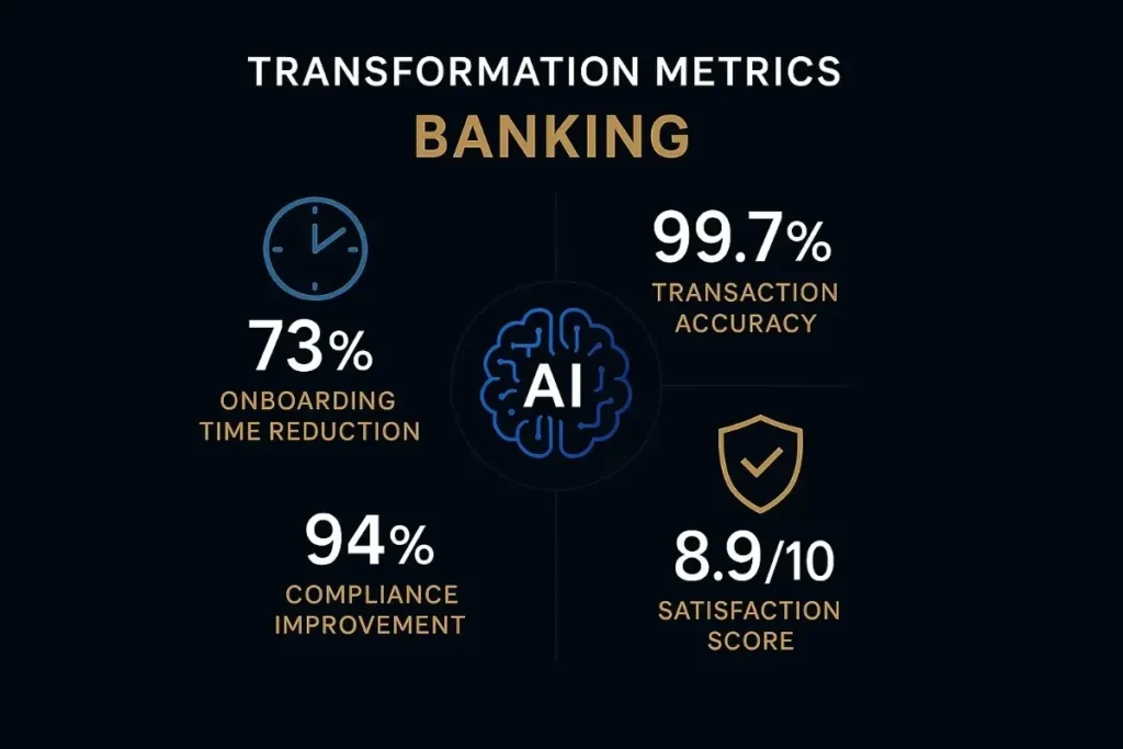  Banking transformation metrics powered by AI. Central AI brain icon surrounded by metrics: 73% Onboarding Time Reduction, 99.7% Transaction Accuracy, 94% Compliance Improvement, and 8.9/10 Satisfaction Score. Uses a sleek, dark layout with gold and blue accents to signify reliability and high performance.
