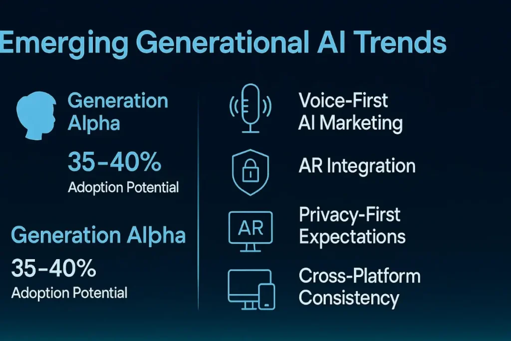   A futuristic 2D digital infographic titled "Emerging Generational AI Trends" features a dark blue gradient background with glowing light blue text and icons. On the left, a silhouette icon represents Generation Alpha, labeled with "35–40% Adoption Potential." On the right, four next-generation AI trends are listed vertically with matching icons:
Voice-First AI Marketing (microphone icon)


AR Integration (AR headset icon)


Privacy-First Expectations (padlock shield icon)


Cross-Platform Consistency (multiple device icon)


The visual combines a clean tech aesthetic with professional layout to emphasize innovation and generational adaptation in AI.
