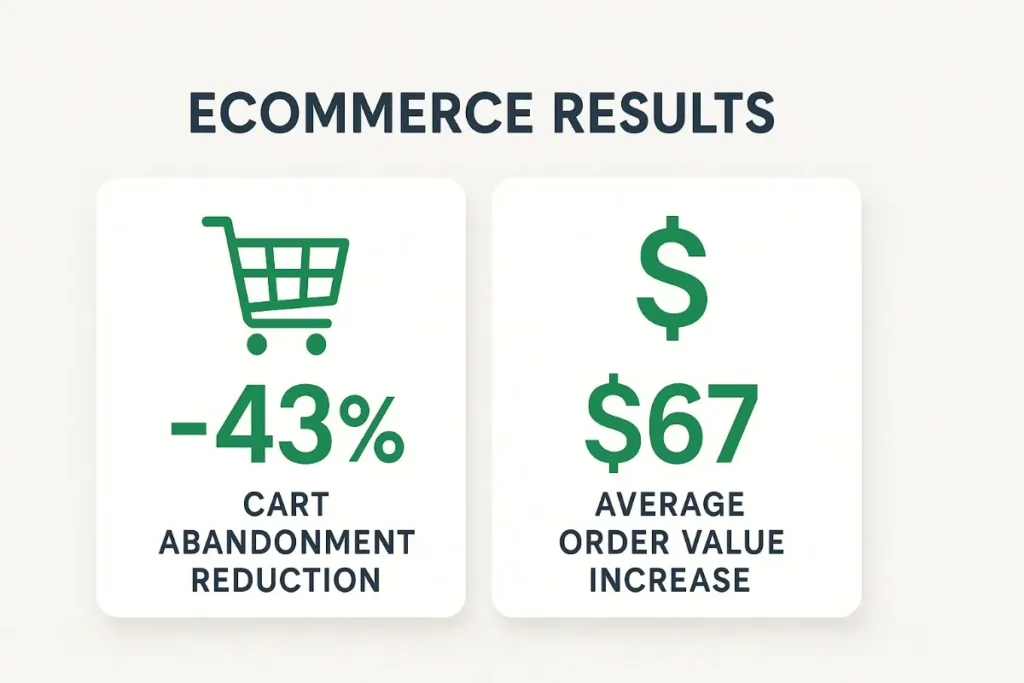 A modern 16:9 e-commerce analytics dashboard displaying two key performance metrics. On the left, a green shopping cart icon above "-43%" represents a 43% reduction in cart abandonment. On the right, a green dollar sign above "$67" indicates an increase in average order value. Both metrics are shown on white cards with clean typography and green success indicators under the heading "ECOMMERCE RESULTS." 
