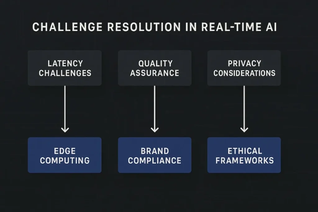 Flowchart displaying how real-time AI addresses key challenges: Latency Challenges resolved by Edge Computing, Quality Assurance managed via Brand Compliance, and Privacy Considerations addressed through Ethical Frameworks. Each solution is color-coded in dark blue boxes.

