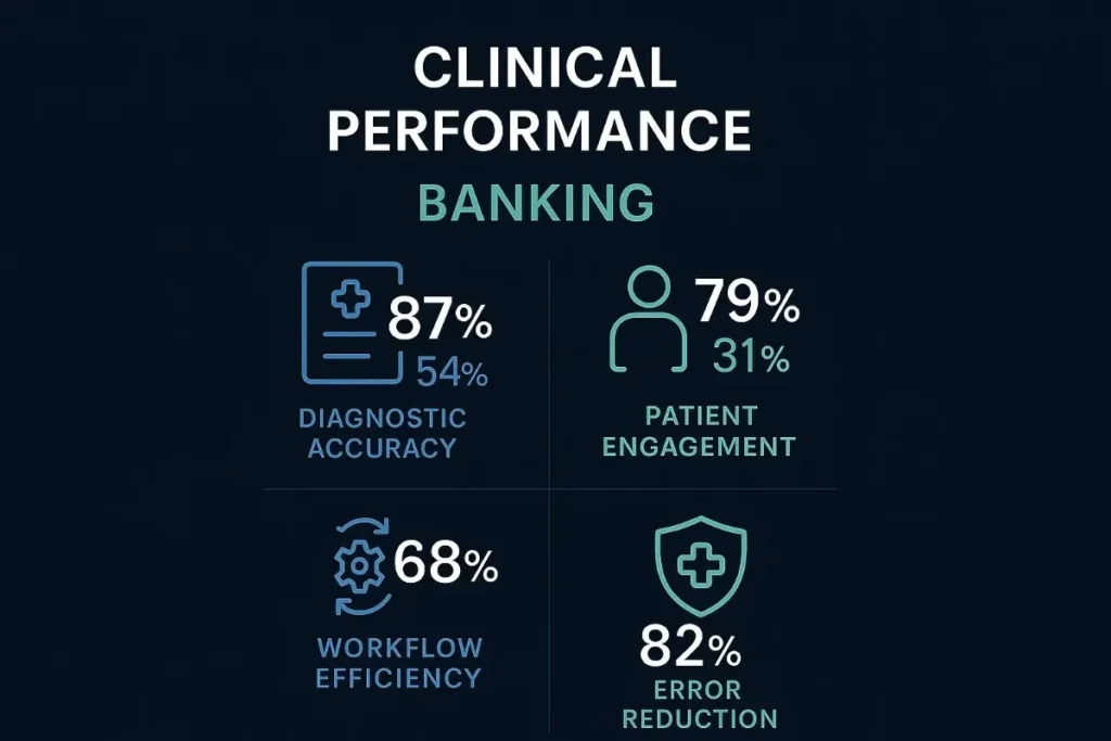  Infographic titled “Clinical Performance – Banking” showing four performance metrics with icons. Diagnostic Accuracy: 87% vs. 54%, Patient Engagement: 79% vs. 31%, Workflow Efficiency: 68%, Error Reduction: 82%. Medical-themed icons are used, with contrasting percentages likely indicating AI vs. baseline performance.
