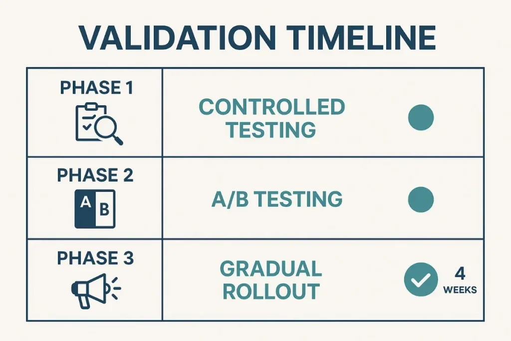 "Validation timeline infographic with three phases: Phase 1 shows an icon of a checklist and magnifying glass labeled 'Controlled Testing'; Phase 2 shows an A/B icon labeled 'A/B Testing'; Phase 3 shows a megaphone icon labeled 'Gradual Rollout' with a checkmark and '4 Weeks'. The design uses a blue and green color scheme with testing and approval icons in a professional quality assurance presentation style."
