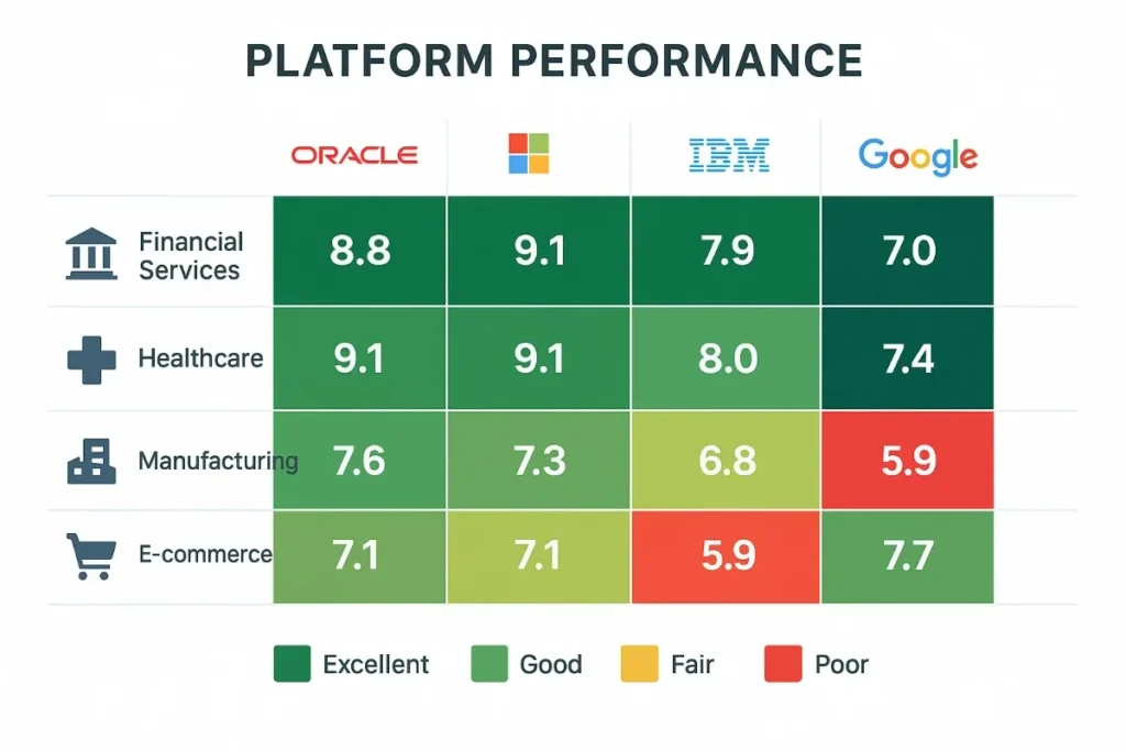 A heatmap-style matrix comparing performance scores of Oracle, Microsoft, IBM, and Google across four industries: Financial Services, Healthcare, Manufacturing, and E-commerce. Scores are color-coded (Excellent to Poor), with Microsoft and Oracle generally leading.
