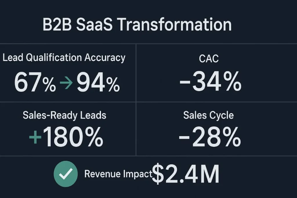 "B2B SaaS Transformation dashboard in 16:9 aspect ratio showing key metrics: Lead Qualification Accuracy improved from 67% to 94%, CAC reduced by 34%, Sales-Ready Leads increased by 180%, Sales Cycle shortened by 28%, and Revenue Impact marked at $2.4M with a green checkmark. The layout features a professional dark background with white text and green success indicators."
