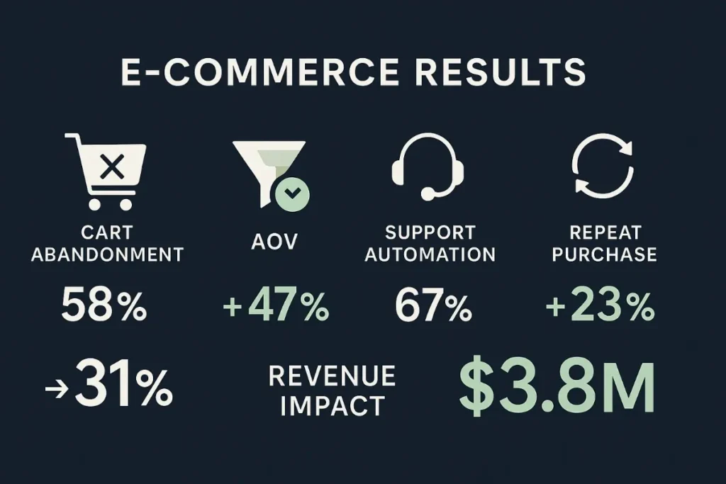 "E-commerce results dashboard with a dark background displaying key performance metrics. Icons represent cart abandonment (shopping cart with an X), average order value (funnel with checkmark), support automation (headset), and repeat purchase (circular arrows). Below each icon: Cart abandonment reduced from 58% to 31%, AOV increased by 47%, Support automation at 67%, Repeat purchase up by 23%. Revenue impact shown as $3.8M with bold green text and a professional retail analytics presentation style."
