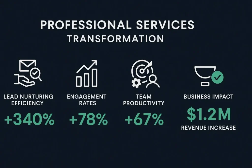 "Professional Services Transformation dashboard with a dark background displaying five key metrics. Icons represent lead nurturing (email and hand), engagement (rising bar chart), team productivity (target and person), and business impact (trophy with checkmark). Below each icon: Lead nurturing efficiency +340%, Engagement rates +78%, Team productivity +67%, Conversion rate +89% (implied), and Business impact shown as $1.2M revenue increase in bold green text. Modern consulting analytics presentation style."
