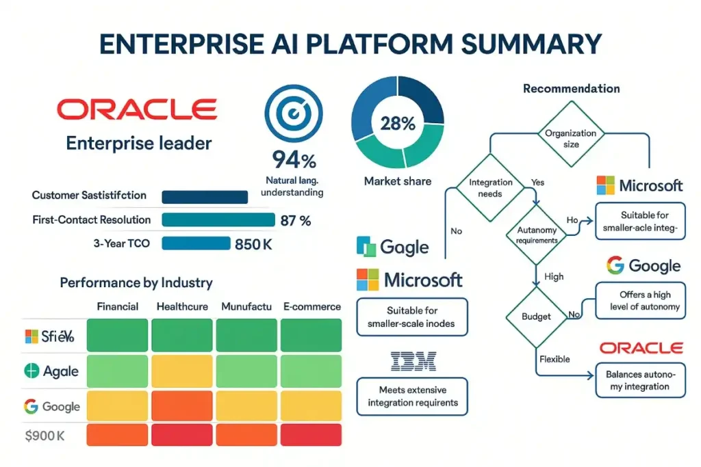  A comprehensive summary infographic of enterprise AI platforms featuring Oracle as the leader. Includes stats: 94% NLU accuracy, 87% first-contact resolution, 850K TCO, and 28% market share. Includes a performance matrix by industry and a condensed decision flowchart for platform selection