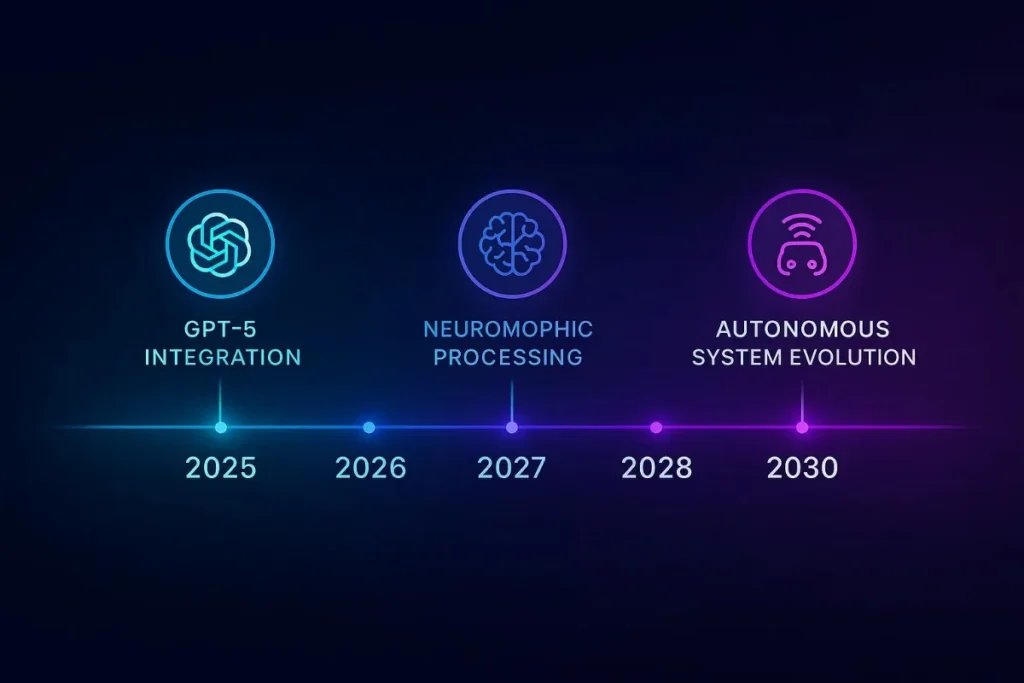  AI technology roadmap timeline from 2025 to 2030. Milestones include GPT-5 Integration (2025), Neuromorphic Processing (2026–2027), and Autonomous System Evolution (2030). Icons above each milestone represent a model, brain, and robot head respectively. Neon gradient colors over a dark futuristic background.