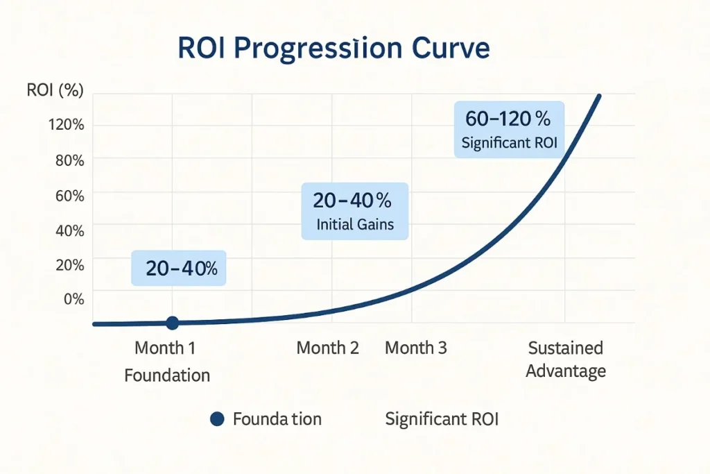A line graph titled "ROI Progression Curve" showing return on investment growth over six months. The x-axis represents time (Month 1 to Sustained Advantage), and the y-axis represents ROI percentage (0% to 120%). The curve starts flat in Month 1 ("Foundation"), rises moderately by Month 2 ("Initial Gains" labeled 20–40%), accelerates steeply in Month 3 ("Significant ROI" labeled 60–120%), and continues upward toward "Sustained Advantage." Blue milestone markers and light blue callout boxes label each stage. The chart has a clean, professional design with a light background and dark blue curve.
