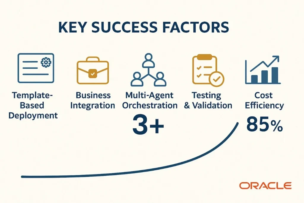  An infographic titled "Key Success Factors" features five illustrated success elements arranged horizontally with icons and labels in a blue and orange color scheme. The factors are: Template-Based Deployment (document and gear icon), Business Integration (briefcase icon), Multi-Agent Orchestration (networked people icon with "3+" below), Testing & Validation (clipboard with checkmarks icon), and Cost Efficiency (bar chart with upward arrow icon and "85%" below). The Oracle logo appears in orange at the bottom right, and a curved line visually connects the icons, symbolizing progress.
