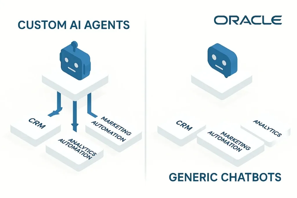  "A split-screen isometric diagram comparing Custom AI Agents and Generic Chatbots. On the left, the Custom AI Agents section shows a central AI bot connected with arrows to CRM, Marketing Automation, and Analytics platforms, illustrating seamless integration. On the right, the Generic Chatbots section shows an isolated chatbot with unconnected CRM, Marketing Automation, and Analytics blocks. The design uses Oracle’s blue and white color scheme with clean, professional enterprise styling."
