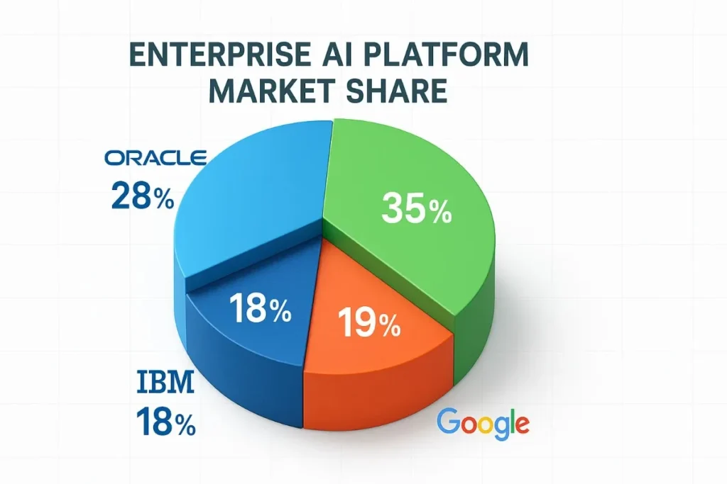  A 3D pie chart displaying enterprise AI platform market share: Google (35%), Oracle (28%), IBM (18%), and an unnamed company (19%). Each segment is color-coded and labeled