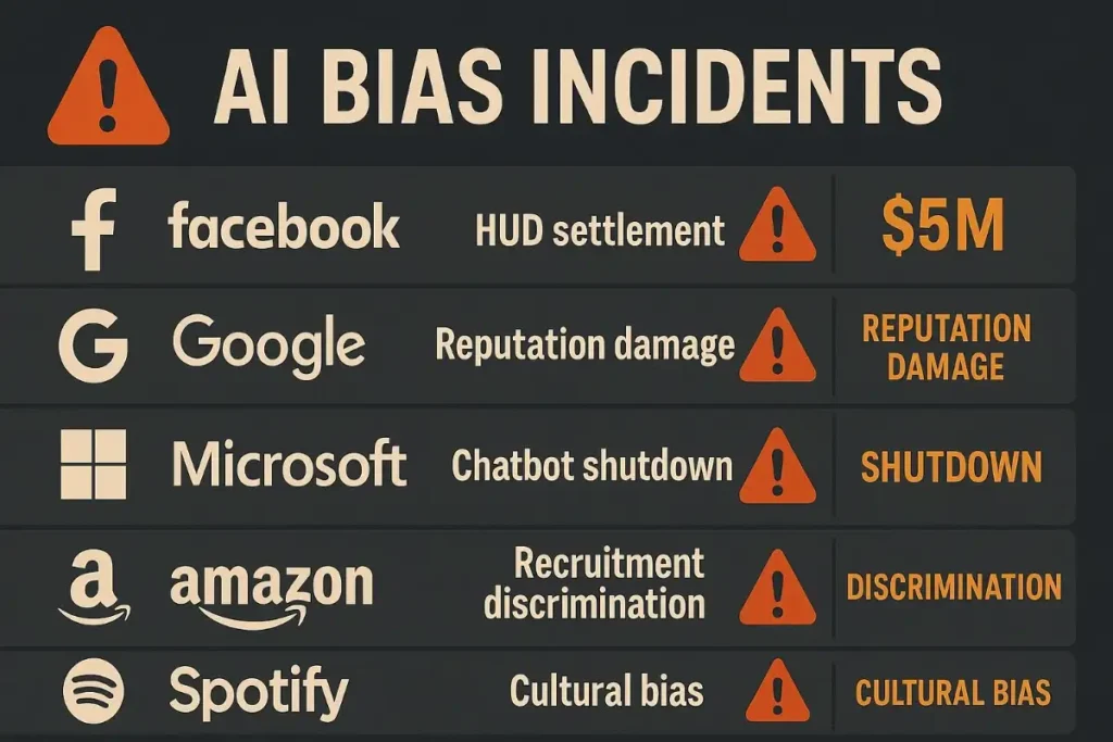 A dark-themed infographic listing major companies—Facebook, Google, Microsoft, Amazon, and Spotify—with associated AI bias incidents like HUD settlement, reputation damage, chatbot shutdown, recruitment discrimination, and cultural bias, along with severity and consequences.
