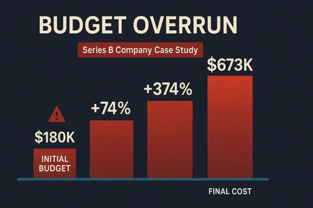  A bar chart showing cost escalation from an initial $180K budget to a final $673K, with intermediate bars showing +74% and +374% increases. The graphic illustrates how DIY projects can exceed initial cost expectations.

