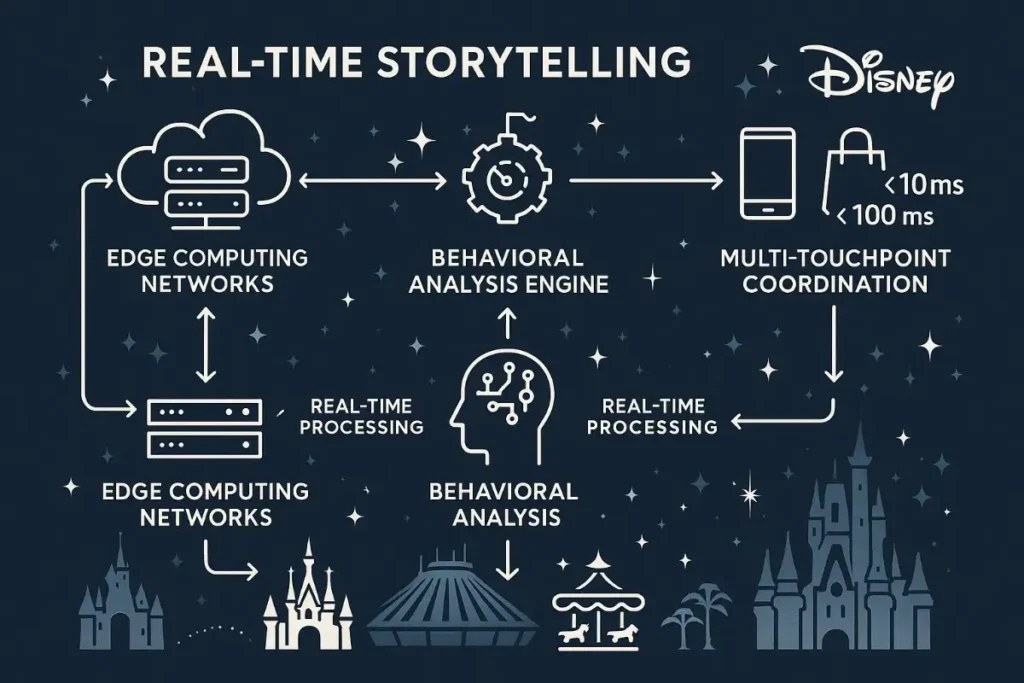  Illustrative flowchart titled “Real-Time Storytelling” with the Disney logo. Diagram maps how edge computing networks connect to behavioral analysis engines, multi-touchpoint coordination systems, and real-time processing for user interactions across theme park environments. Response times under 10ms and 100ms are indicated.

