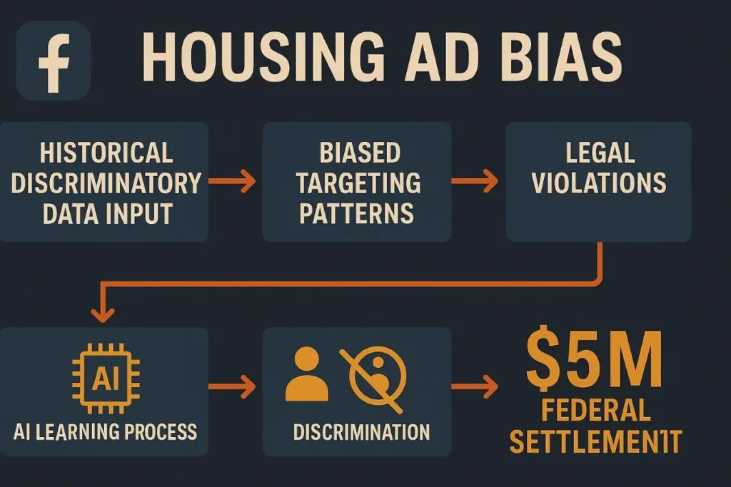  A flowchart outlining the process of AI bias in Facebook's housing ads: starting from historical discriminatory data input, progressing through AI learning and biased targeting, leading to legal violations and a $5M federal settlement.



