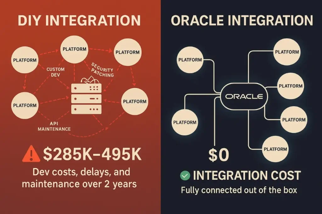 Side-by-side comparison:
 Left – Complex DIY integration with red arrows between multiple platforms, incurring $285K–$495K in dev costs, delays, and maintenance.
 Right – Oracle integration with clean lines connecting platforms to Oracle, showing $0 integration cost and “Fully connected out of the box”.