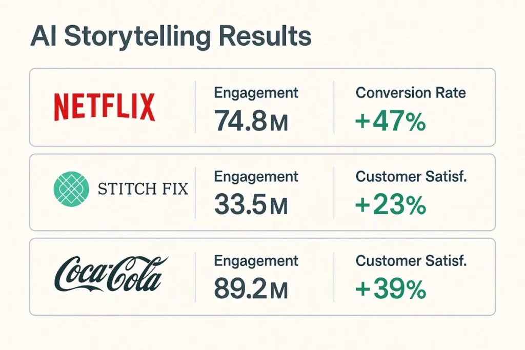 Enterprise dashboard titled "AI Storytelling Results" showing metrics for Netflix, Stitch Fix, and Coca-Cola. Displays engagement stats (e.g., 74.8M for Netflix) and success indicators like +47% conversion rate and +39% customer satisfaction, using green and black typography.