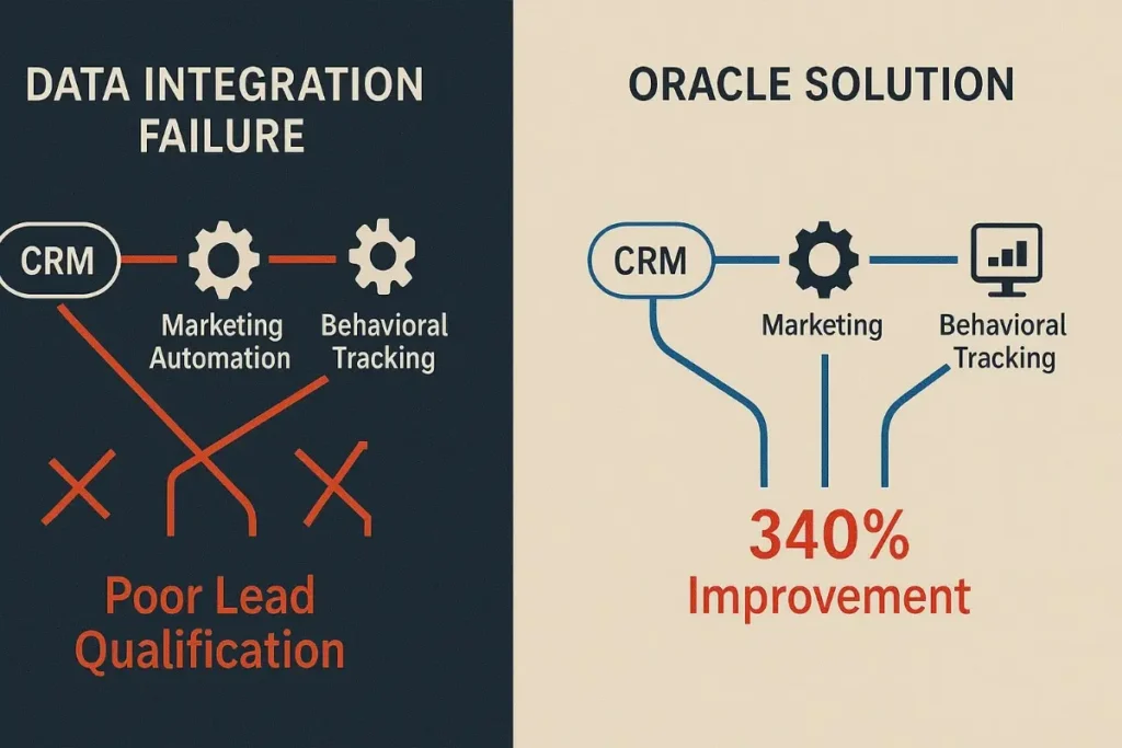  Side-by-side comparison of data integration failure vs. Oracle’s solution. Left shows broken red connections between CRM, Marketing Automation, and Behavioral Tracking, labeled "Poor Lead Qualification." Right side features seamless Oracle blue connections and “340% Improvement.”
