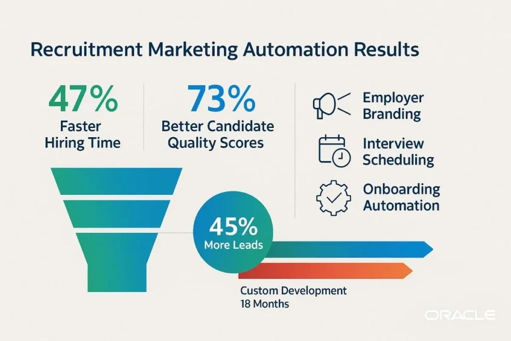 A modern HR metrics dashboard titled "Recruitment Marketing Automation Results" with a clean light-gray background and Oracle blue and green color scheme. On the left, a funnel graphic represents the recruitment process, next to key metrics: "47% Faster Hiring Time" in green and "73% Better Candidate Quality Scores" in blue. A circular callout at the center shows "45% More Leads." On the right, icons illustrate core automation areas: a megaphone for "Employer Branding," a calendar for "Interview Scheduling," and a gear for "Onboarding Automation." A timeline comparison bar at the bottom contrasts automated recruitment with "Custom Development – 18 Months." The Oracle logo appears in the bottom-right corner.
