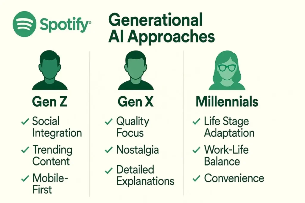A 2D digital infographic titled "Spotify Generational AI Approaches" displays three vertical sections for Gen Z, Gen X, and Millennials. Each section includes a green-toned avatar icon and a list of AI-driven personalization preferences. Gen Z’s list features “Social Integration,” “Trending Content,” and “Mobile-First.” Gen X includes “Quality Focus,” “Nostalgia,” and “Detailed Explanations.” Millennials’ preferences are “Life Stage Adaptation,” “Work-Life Balance,” and “Convenience.” All items are marked with green check icons. The design uses a light beige background with Spotify’s green brand elements and bold black headings in a professional, easy-to-read layout.
