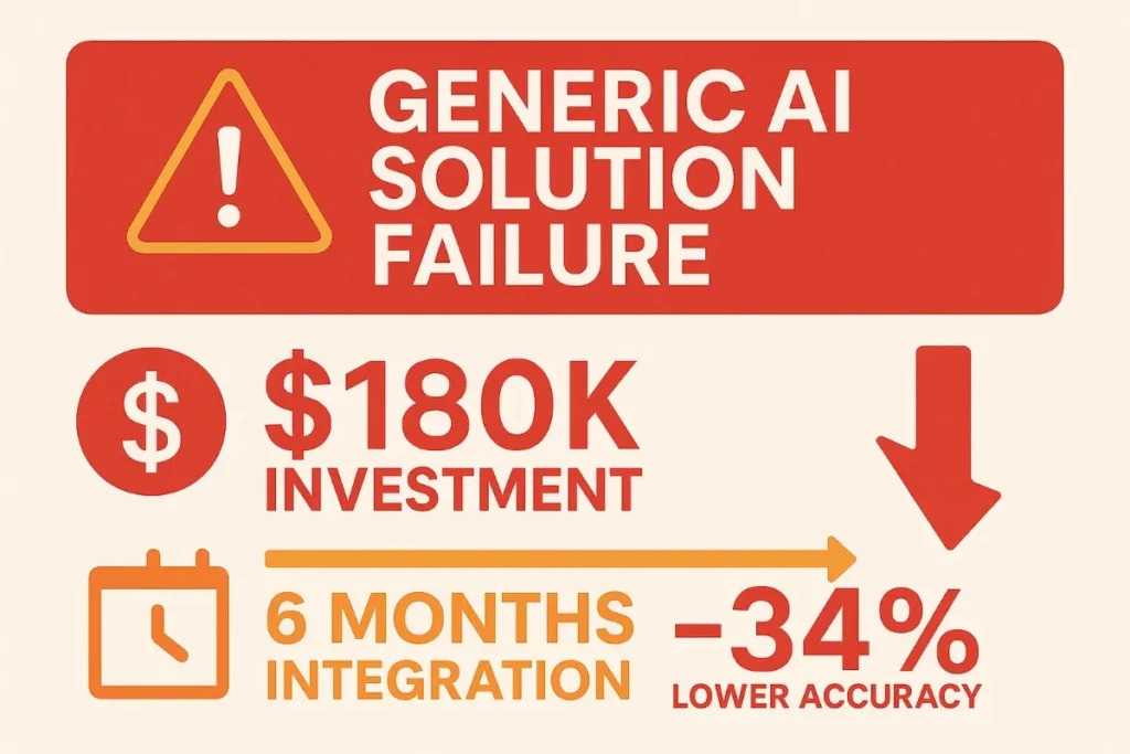 "Warning-style infographic titled 'GENERIC AI SOLUTION FAILURE' using red and orange colors. It highlights a $180K investment, a 6-month integration period, and a 34% drop in accuracy. Visual elements include a red warning triangle, dollar sign, calendar icon, horizontal timeline arrow, and a large downward arrow to indicate failure and negative outcomes."
