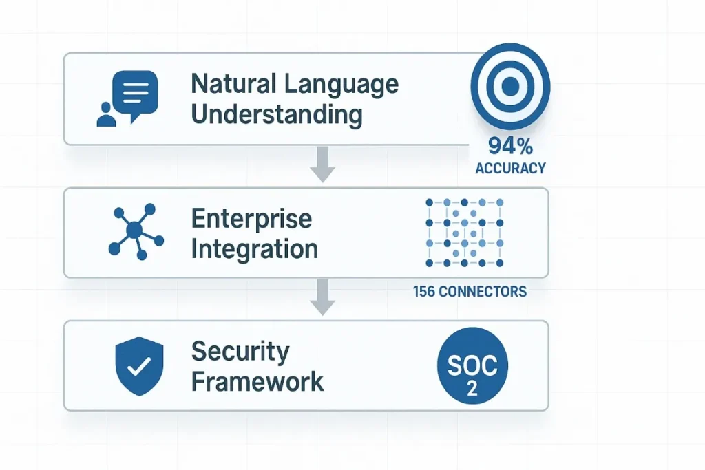 A vertical infographic showing Oracle Digital Assistant’s features: 94% accuracy in Natural Language Understanding, 156 enterprise integrations, and SOC 2-certified security framework.