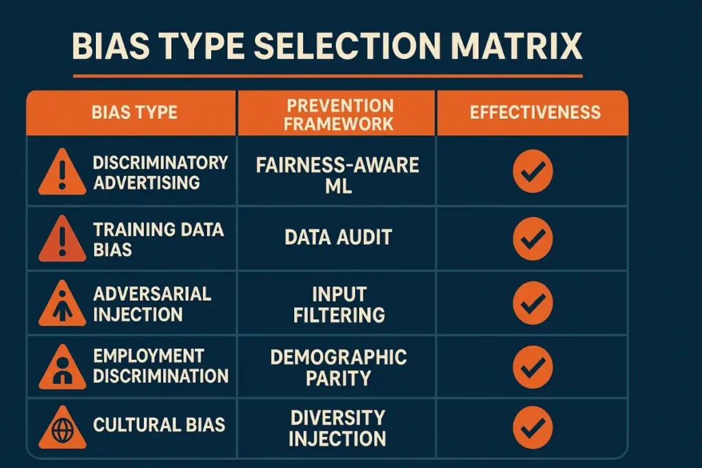 A matrix comparing five types of AI bias (e.g., discriminatory advertising, training data bias) with respective prevention frameworks such as fairness-aware ML, data audits, input filtering, and their effectiveness marked with check icons.

