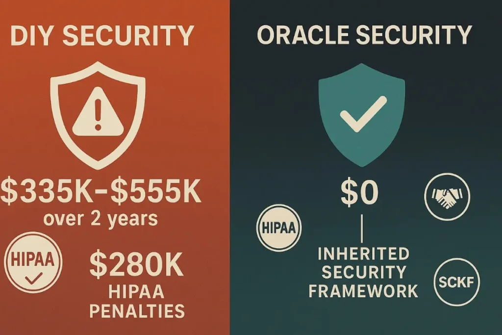  Side-by-side shield icons:
 Left – Red shield with warning icon, showing $335K–$555K in DIY security costs and $280K HIPAA penalties.
 Right – Teal shield with checkmark, highlighting $0 security cost with Oracle due to an inherited security framework (HIPAA, SCKF compliance).
