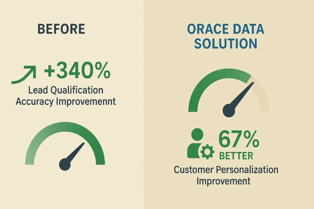  Before-and-after chart for Oracle Data Solution. Left side shows a 340% lead qualification accuracy improvement with an upward arrow. Right side shows a 67% improvement in customer personalization with a green gauge and user icon.


