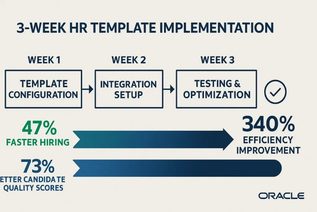 A flowchart-style infographic titled "3-Week HR Template Implementation" shows a streamlined process with three weekly phases: Week 1 – Template Configuration, Week 2 – Integration Setup, and Week 3 – Testing & Optimization. Each phase is enclosed in a dark blue-outlined box with right-pointing arrows connecting them. On the left, performance metrics are highlighted: "47% Faster Hiring" in green and "73% Better Candidate Quality Scores" in dark blue (with a typo: "Etter Candidate Quality Scores"). On the right, a large arrow and text indicate "340% Efficiency Improvement." A checkmark icon and Oracle logo appear on the far right.
