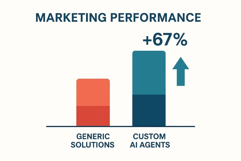 "Bar chart comparing marketing performance between generic solutions and custom AI agents. The generic solutions bar is shorter and colored in red/orange, while the custom AI agents bar is taller and shaded in green/blue, showing a +67% improvement with an upward arrow. The title 'MARKETING PERFORMANCE' appears at the top in bold text."
