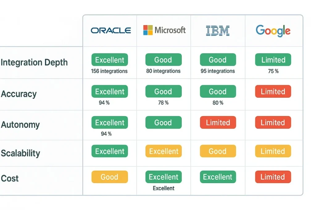  A table comparing Oracle, Microsoft, IBM, and Google on five factors: integration depth, accuracy, autonomy, scalability, and cost. Oracle scores "Excellent" in all except cost ("Good"), while Google scores "Limited" in most categories.
