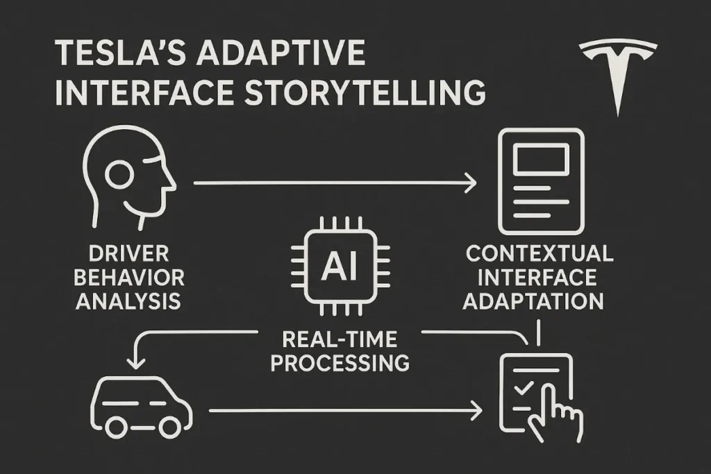 Minimalist black-and-white diagram titled “Tesla’s Adaptive Interface Storytelling.” Shows process from driver behavior analysis to AI real-time processing, leading to contextual interface adaptation in Tesla’s vehicles. Icons include a driver, microchip, vehicle, and interface screen.
