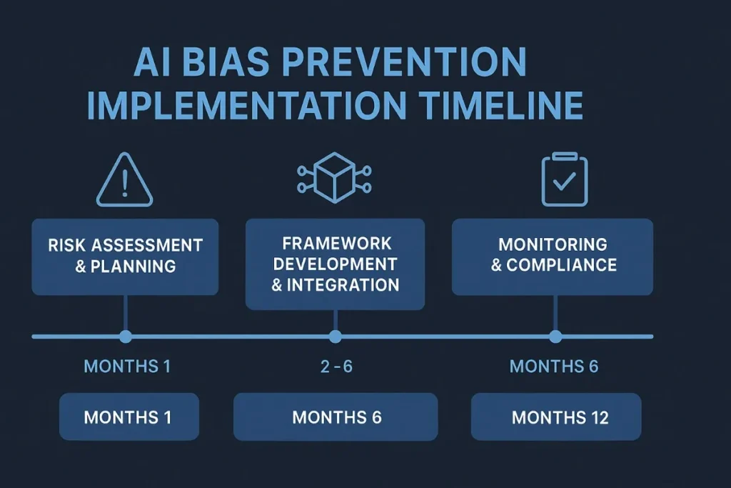  A 12-month implementation roadmap split into three phases: Risk Assessment & Planning (Months 1–2), Framework Development & Integration (Months 2–6), and Monitoring & Compliance (Months 6–12). Each phase is represented with icons and timelines.

