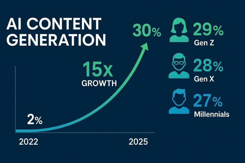  Growth projection chart showing AI content generation increasing from 2% in 2022 to 30% in 2025 with a 15x growth indicator. On the right, demographic breakdown shows Gen Z at 29%, Gen X at 28%, and Millennials at 27%, each represented by teal-colored icons.

