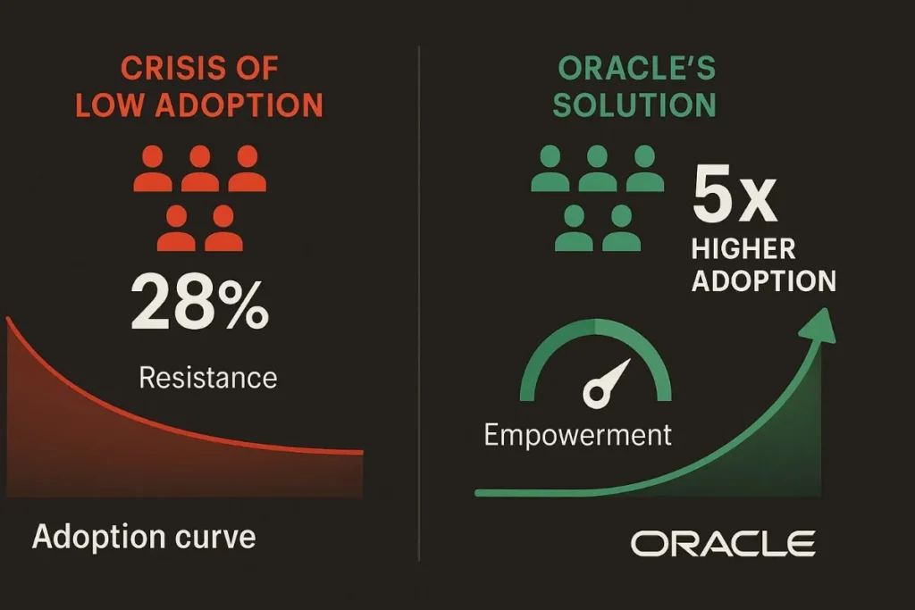  Side-by-side infographic showing team adoption crisis vs. Oracle’s solution. Left side shows 28% adoption rate with red icons and resistance curve. Right side highlights 5x higher adoption with green team icons and empowerment gauge.
