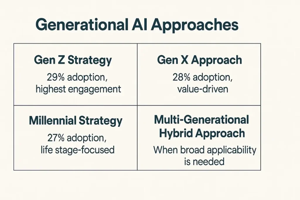 A 2D digital graphic titled "Generational AI Approaches" presents a four-quadrant strategy matrix. Each quadrant outlines a different AI strategy:
Gen Z Strategy: "29% adoption, highest engagement"


Gen X Approach: "28% adoption, value-driven"


Millennial Strategy: "27% adoption, life stage-focused"


Multi-Generational Hybrid Approach: "When broad applicability is needed"


The layout uses a light beige background with clean black text and dark-bordered boxes, styled in a modern, professional consulting format for strategic planning presentations.
