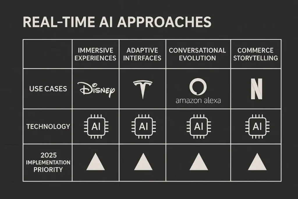 Comparison grid showing four categories of real-time AI applications: Immersive Experiences (Disney), Adaptive Interfaces (Tesla), Conversational Evolution (Amazon Alexa), and Commerce Storytelling (Netflix). Each column details use cases, AI technology type, and 2025 implementation priority symbolized by a triangle.