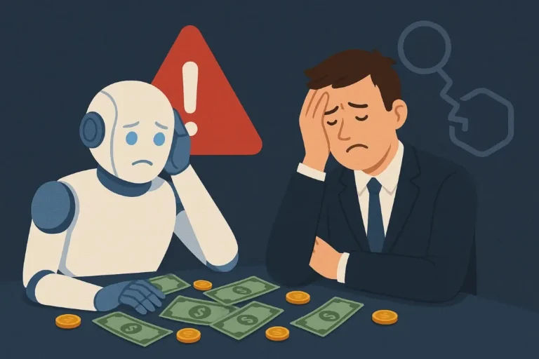 A flat-style digital illustration shows a humanoid robot and a marketing professional sitting at a table covered in scattered dollar bills and gold coins. Both appear visibly distressed—the robot has a worried expression with one hand on its head, while the businessman in a suit covers his face in frustration. Behind them, a red warning triangle with an exclamation mark and a broken connection icon emphasize a costly AI deployment failure.