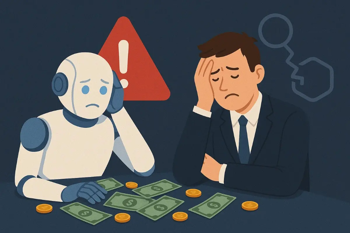 A flat-style digital illustration shows a humanoid robot and a marketing professional sitting at a table covered in scattered dollar bills and gold coins. Both appear visibly distressed—the robot has a worried expression with one hand on its head, while the businessman in a suit covers his face in frustration. Behind them, a red warning triangle with an exclamation mark and a broken connection icon emphasize a costly AI deployment failure.