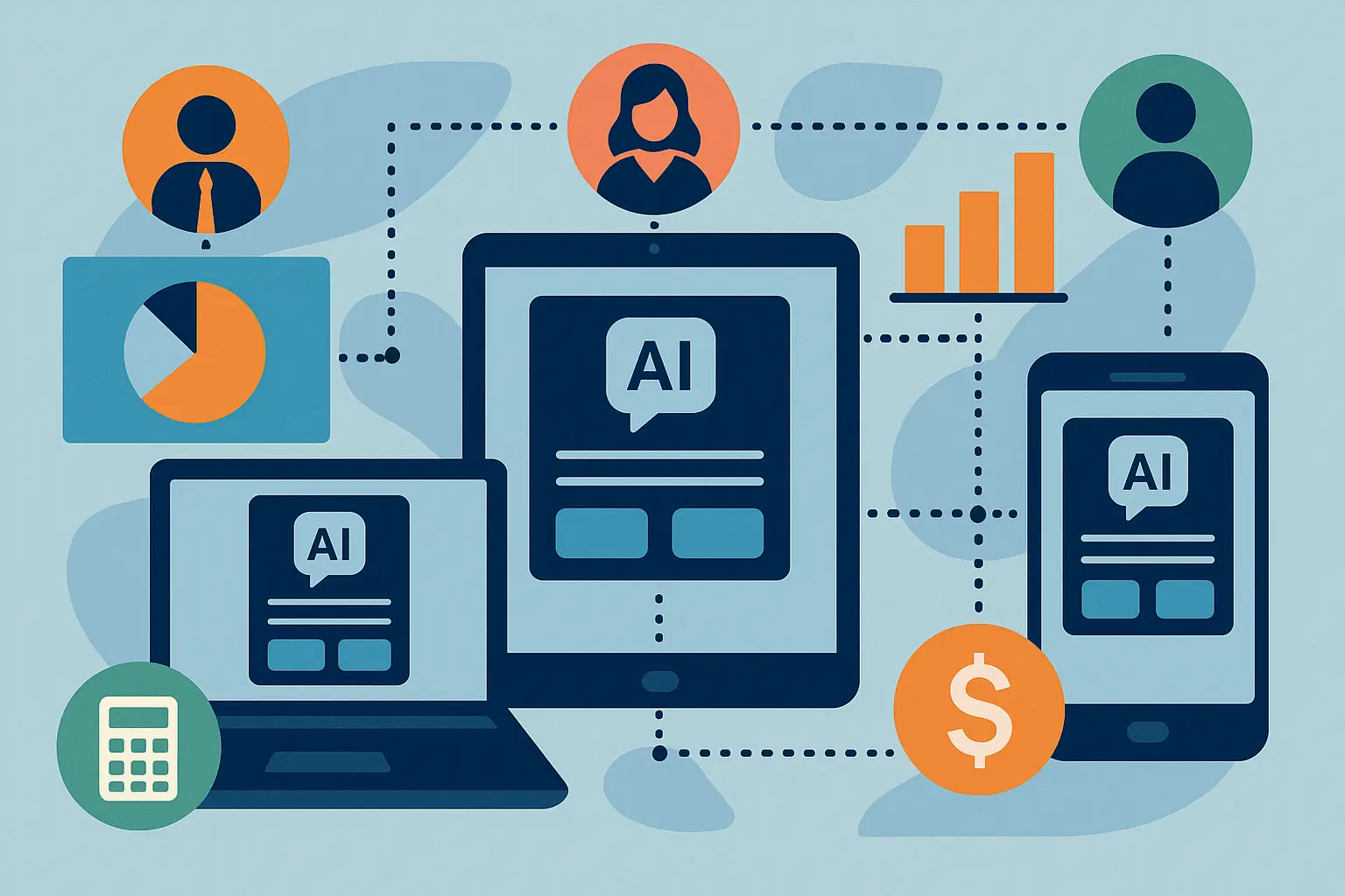 A flat-design digital illustration showcasing AI-powered marketing operations across HR, Finance, and Sales. The image features a central tablet, flanked by a laptop and smartphone, each displaying an "AI" interface. Around the devices are icons representing business functions: a pie chart, calculator, dollar sign, bar graph, and user avatars. Dotted lines interconnect all elements, symbolizing seamless AI integration. The background is light blue with abstract shapes, giving a clean, modern, and tech-forward aesthetic.