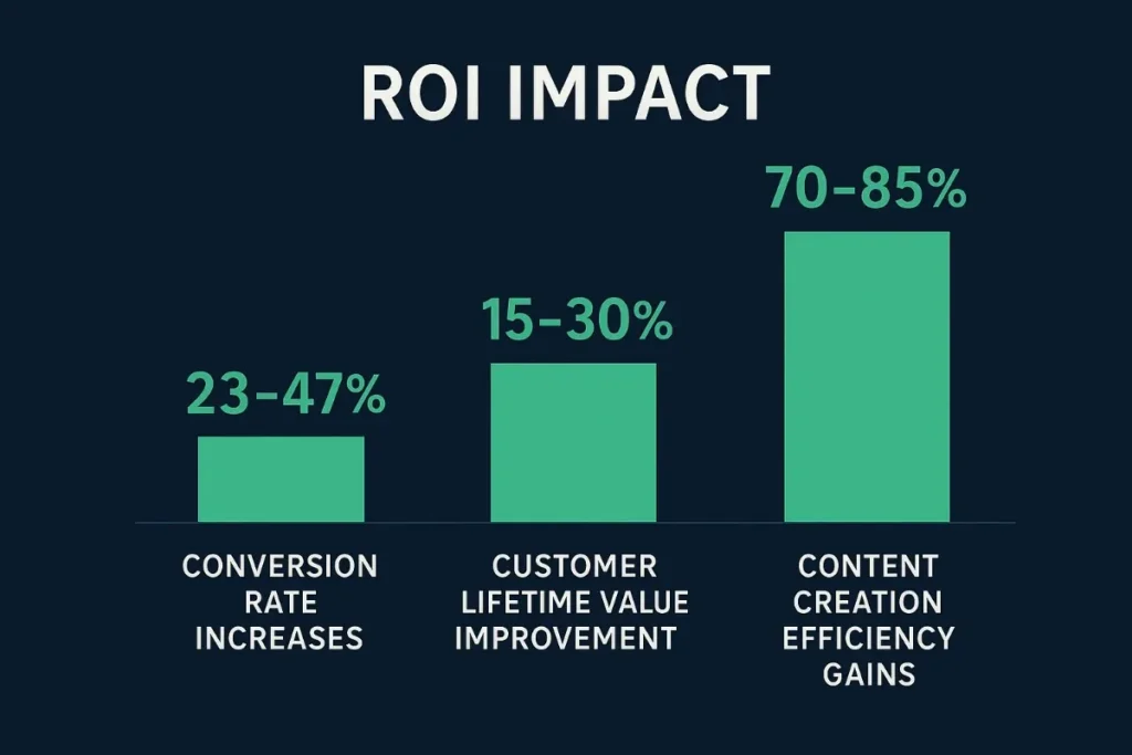  Bar graph titled "ROI Impact" showing metrics from AI-driven customer engagement: 23–47% conversion rate increases, 15–30% customer lifetime value improvement, and 70–85% content creation efficiency gains.
