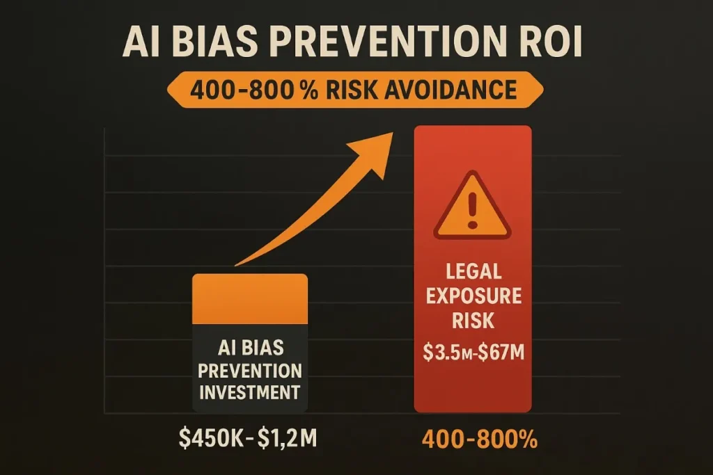  A visual cost-benefit chart showing how an AI bias prevention investment of $450K–$1.2M can help avoid legal exposure risk of $3.5M–$67M, offering a 400–800% ROI. Features a bar graph with an upward arrow signifying risk avoidance.
