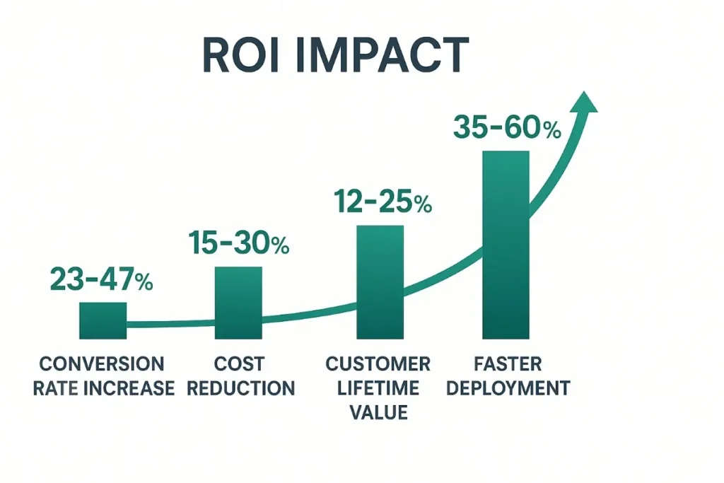 ROI impact chart with four vertical bars showing business benefits: 23–47% conversion rate increase, 15–30% cost reduction, 12–25% customer lifetime value improvement, and 35–60% faster deployment. Bars rise left to right with green 