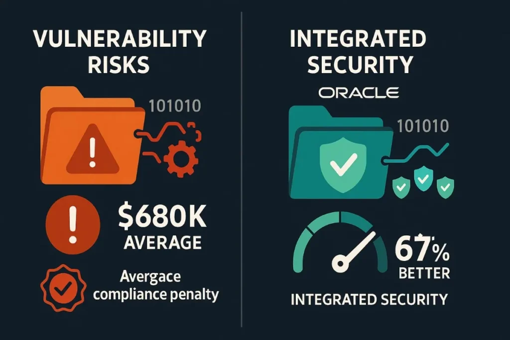  Security comparison between vulnerability risks and Oracle’s integrated framework. Left side shows red warning icons and exposed folder with $680K compliance penalty. Right side features green shields, protected folder, and 67% better integrated security with Oracle branding.


